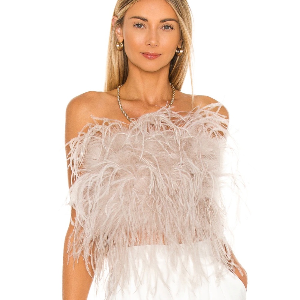 Lamarque Feathered Off-Shoulder Top in Cream